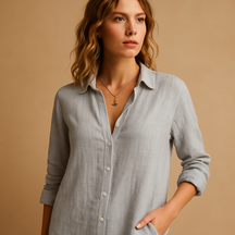 Dames blouse met reverskraag en knoopsluiting in ademende linnenmix, perfect voor casual en formele outfits.