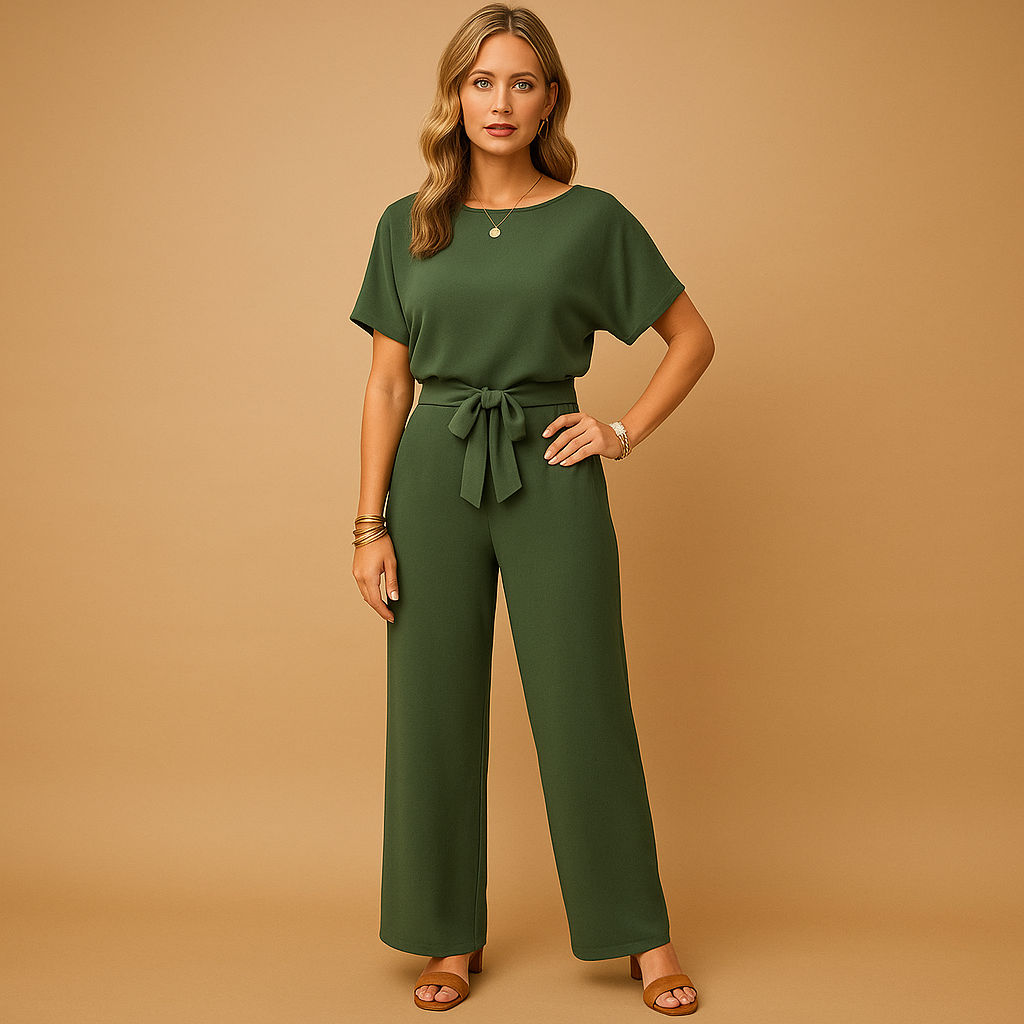 Chique dames jumpsuit in zwart, beige of groen met getailleerde pasvorm en losvallende mouwen, ideaal voor formele en stijlvolle gelegenheden.
