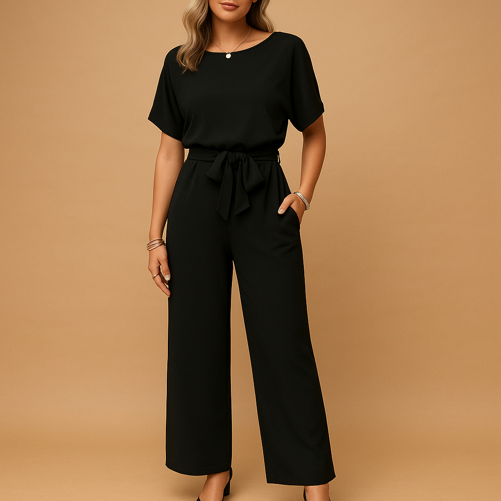 Chique dames jumpsuit in zwart, beige of groen met getailleerde pasvorm en losvallende mouwen, ideaal voor formele en stijlvolle gelegenheden.