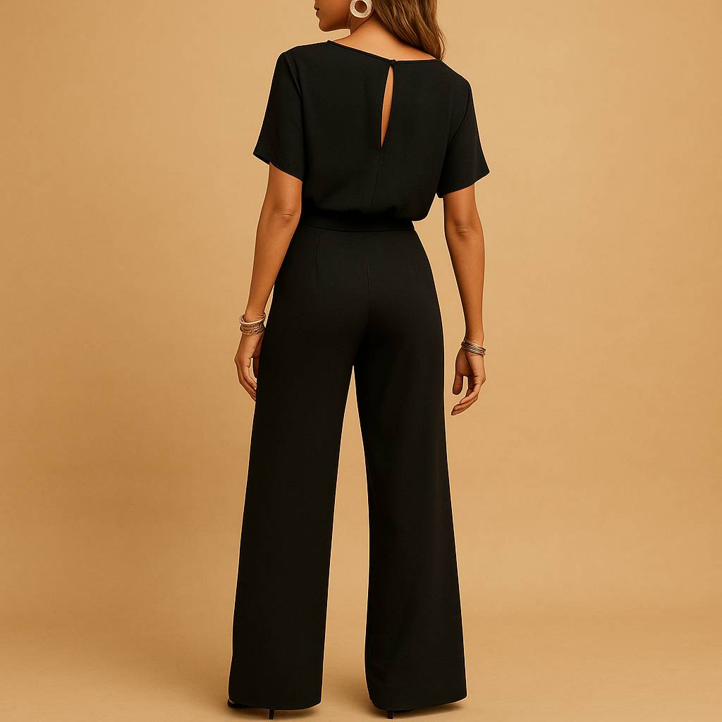 Chique dames jumpsuit in zwart, beige of groen met getailleerde pasvorm en losvallende mouwen, ideaal voor formele en stijlvolle gelegenheden.