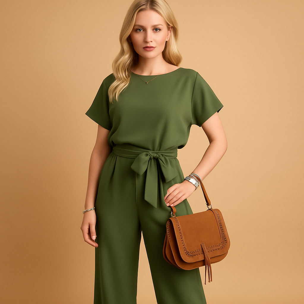 Chique dames jumpsuit in zwart, beige of groen met getailleerde pasvorm en losvallende mouwen, ideaal voor formele en stijlvolle gelegenheden.