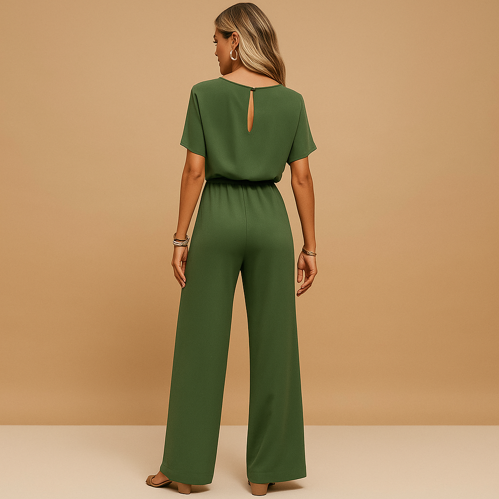 Chique dames jumpsuit in zwart, beige of groen met getailleerde pasvorm en losvallende mouwen, ideaal voor formele en stijlvolle gelegenheden.