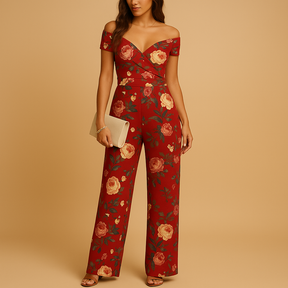 Dames jumpsuit met off shoulder ontwerp en bloemenprint in blauw en rood