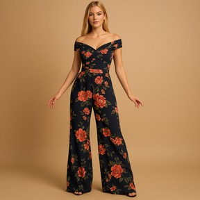 Dames jumpsuit met off shoulder ontwerp en bloemenprint in blauw en rood