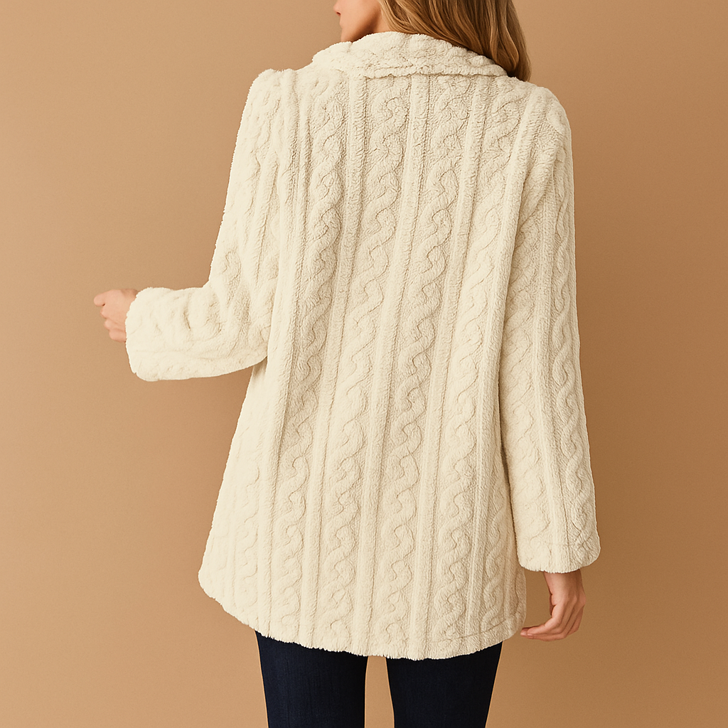 Elegante getailleerde winterjas voor dames in abrikoos, zwart, rood en wit. Perfect voor werk, vrije tijd en stijlvolle winterse dagen.