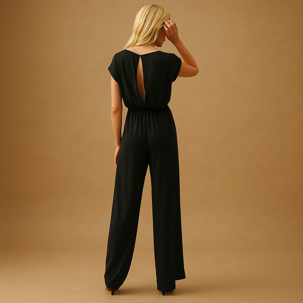 Elegante dames jumpsuit met diepe V-hals en luchtig silhouet, perfect voor zomerse dagen en stijlvolle gelegenheden.