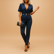 Elegante dames jumpsuit met V-hals, kraag en halve mouwen in vijf kleuren, ideaal voor werk, uitgaan en formele momenten.