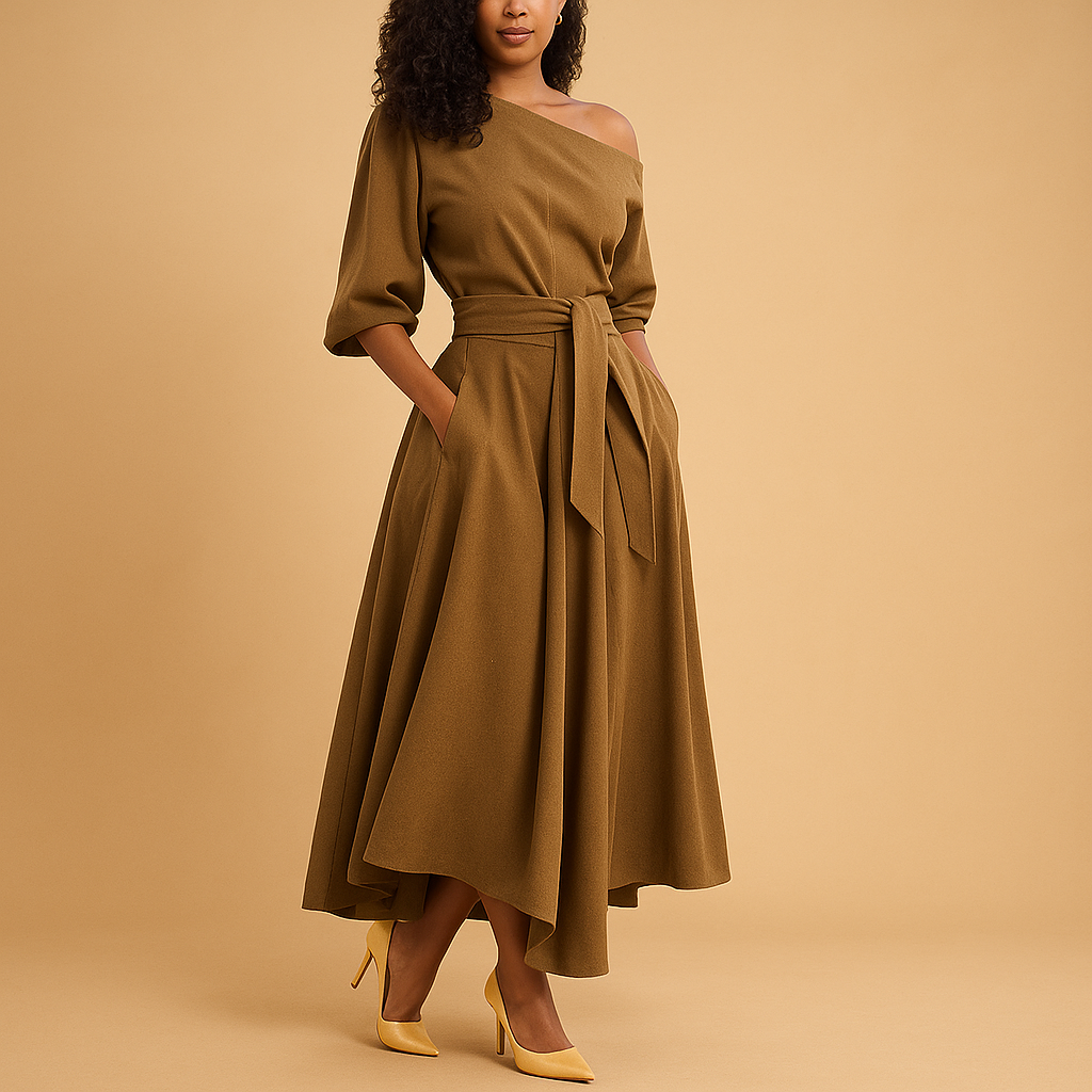 Elegante damesjurk met flatterende tailleband en zachte stof, perfect voor feestjes, bruiloften en casual gelegenheden