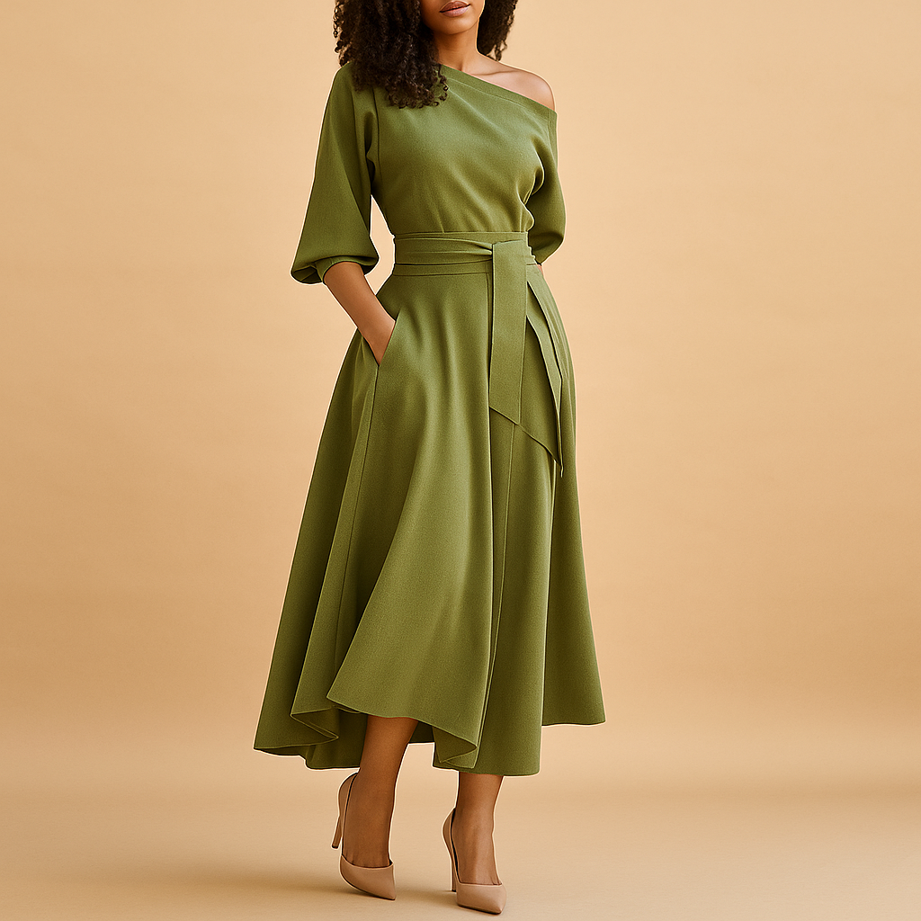 Elegante damesjurk met flatterende tailleband en zachte stof, perfect voor feestjes, bruiloften en casual gelegenheden