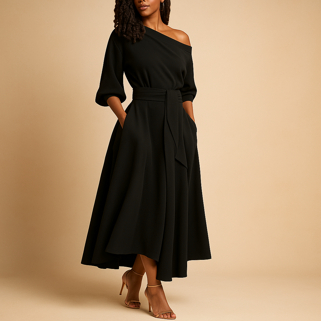 Elegante damesjurk met flatterende tailleband en zachte stof, perfect voor feestjes, bruiloften en casual gelegenheden