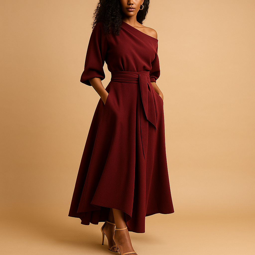 Elegante damesjurk met flatterende tailleband en zachte stof, perfect voor feestjes, bruiloften en casual gelegenheden