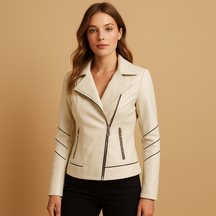 Elegante leren jas voor dames met asymmetrische ritssluiting, reverskraag en metalen details. Ideaal voor casual looks en elegante gelegenheden.