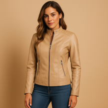 Elegante leren jas voor dames met symmetrische ritssluiting en kraag met drukknopen. Perfect voor herfst, lente en veelzijdige styling.