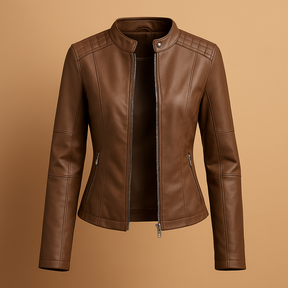 Elegante leren jas voor dames met symmetrische ritssluiting en kraag met drukknopen. Perfect voor herfst, lente en veelzijdige styling.