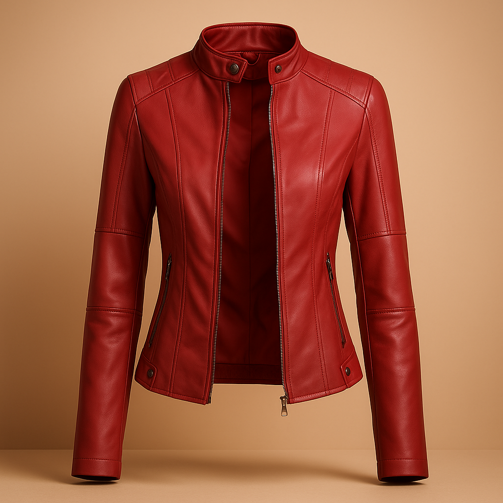 Elegante leren jas voor dames met symmetrische ritssluiting en kraag met drukknopen. Perfect voor herfst, lente en veelzijdige styling.