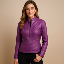 Elegante leren jas voor dames met symmetrische ritssluiting en kraag met drukknopen. Perfect voor herfst, lente en veelzijdige styling.