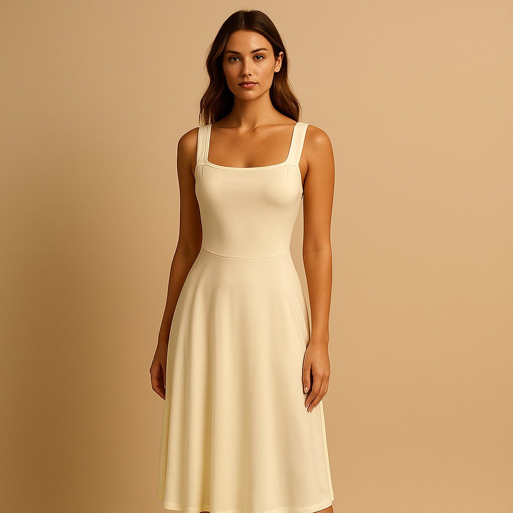 Elegante mouwloze effen jurk voor dames met minimalistische snit en flatterende pasvorm, ideaal voor casual en formele gelegenheden.
