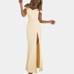 Elegante off-shoulder jurk voor dames met zijsplit, ideaal voor bruiloften, gala’s en formele evenementen.