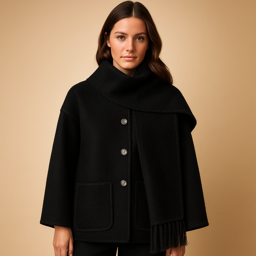 Elegante winterjas voor dames met ceintuur en bijpassende sjaal, warme voering en stijlvol design, ideaal voor dagelijks gebruik en winterse gelegenheden.
