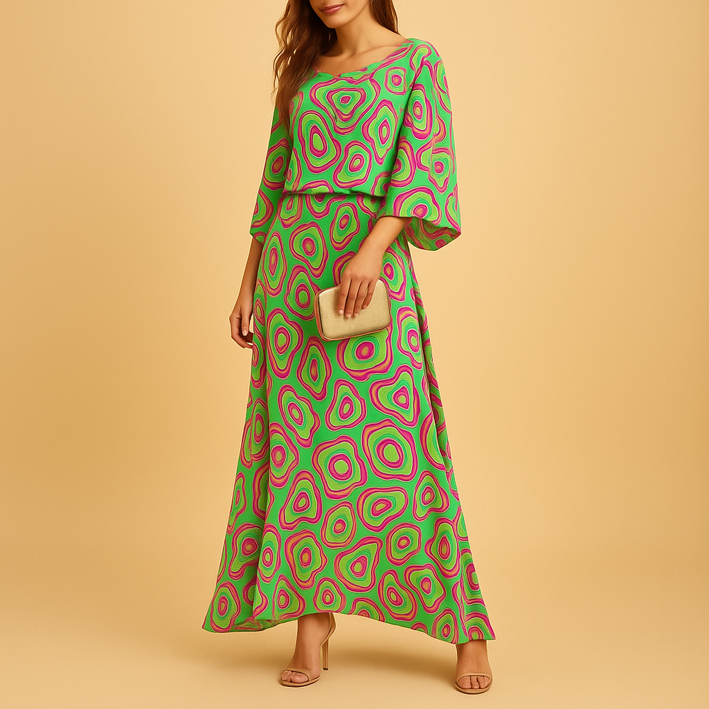 Dames zomerjurk met opvallend ontwerp en elegante pasvorm, perfect voor brunches, tuinfeesten en zomerse avonden.