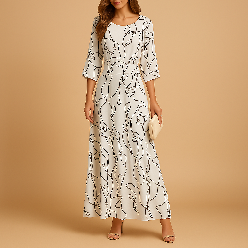 Dames zomerjurk met opvallend ontwerp en elegante pasvorm, perfect voor brunches, tuinfeesten en zomerse avonden.