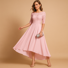 Elegante dames feestjurk met kanten afwerking en flatterende pasvorm, ideaal voor gala’s, bruiloften en bijzondere gelegenheden