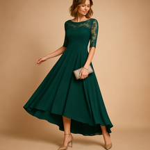 Elegante dames feestjurk met kanten afwerking en flatterende pasvorm, ideaal voor gala’s, bruiloften en bijzondere gelegenheden