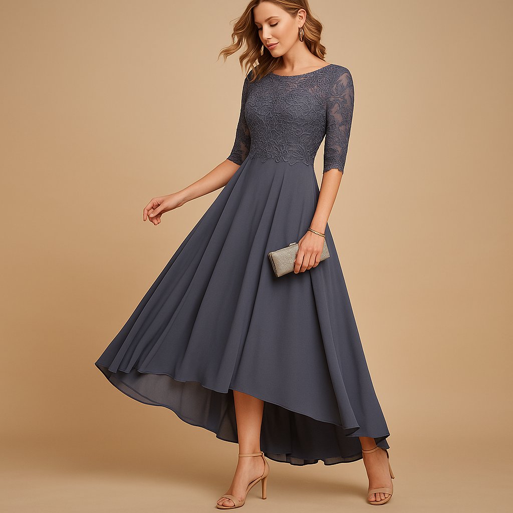 Elegante dames feestjurk met kanten afwerking en flatterende pasvorm, ideaal voor gala’s, bruiloften en bijzondere gelegenheden