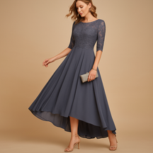 Elegante dames feestjurk met kanten afwerking en flatterende pasvorm, ideaal voor gala’s, bruiloften en bijzondere gelegenheden