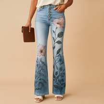 Dames flared jeans met bloemenprint en relaxte pasvorm van ademende stof, perfect voor lente- en zomeroutfits met een speelse touch.