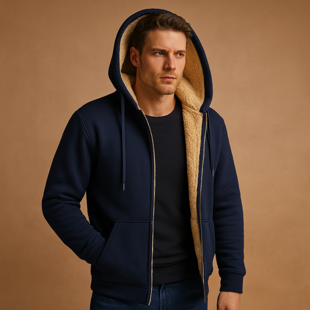 Warme fleece heren trui met bontvoering, comfortabele pasvorm en tijdloos design. Ideaal voor koude dagen, zowel casual als semi-formeel te dragen.