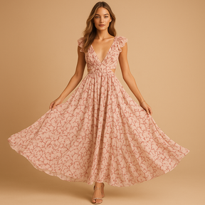 Gebloemde maxi-jurk voor dames met diepe V-hals, ruches, uitgesneden taille en hoge split, ideaal voor feestelijke zomermomenten.
