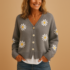 Gebreid damesvest met bloemenpatroon en knoopsluiting, zacht en ademend, ideaal voor herfst- en winterlagen in diverse stijlvolle kleuren.