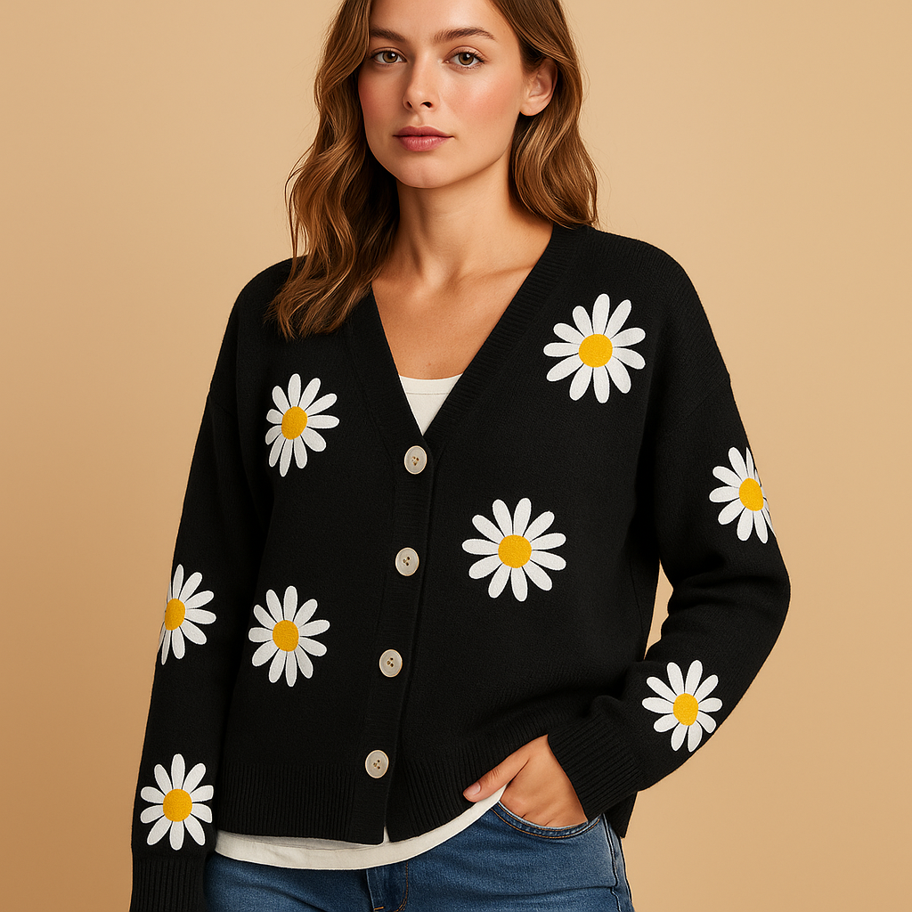 Gebreid damesvest met bloemenpatroon en knoopsluiting, zacht en ademend, ideaal voor herfst- en winterlagen in diverse stijlvolle kleuren.