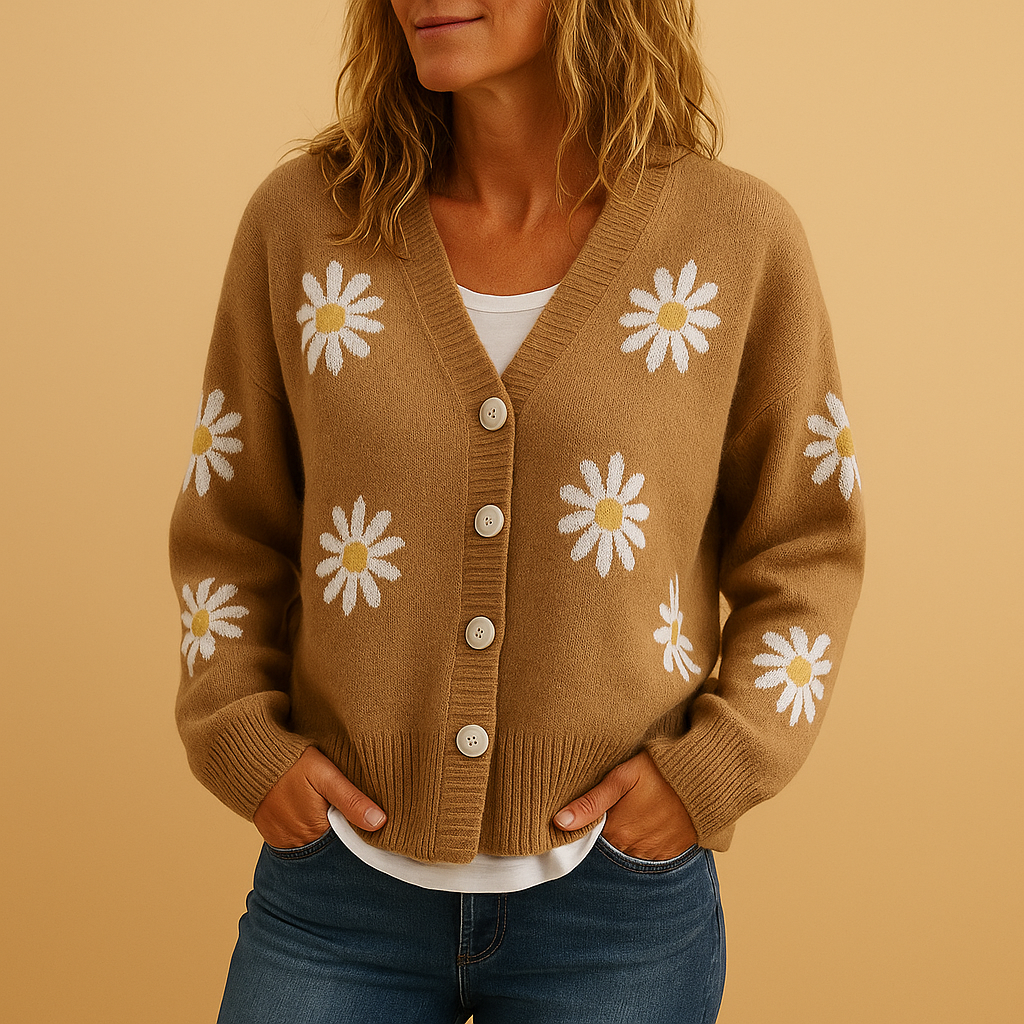 Gebreid damesvest met bloemenpatroon en knoopsluiting, zacht en ademend, ideaal voor herfst- en winterlagen in diverse stijlvolle kleuren.
