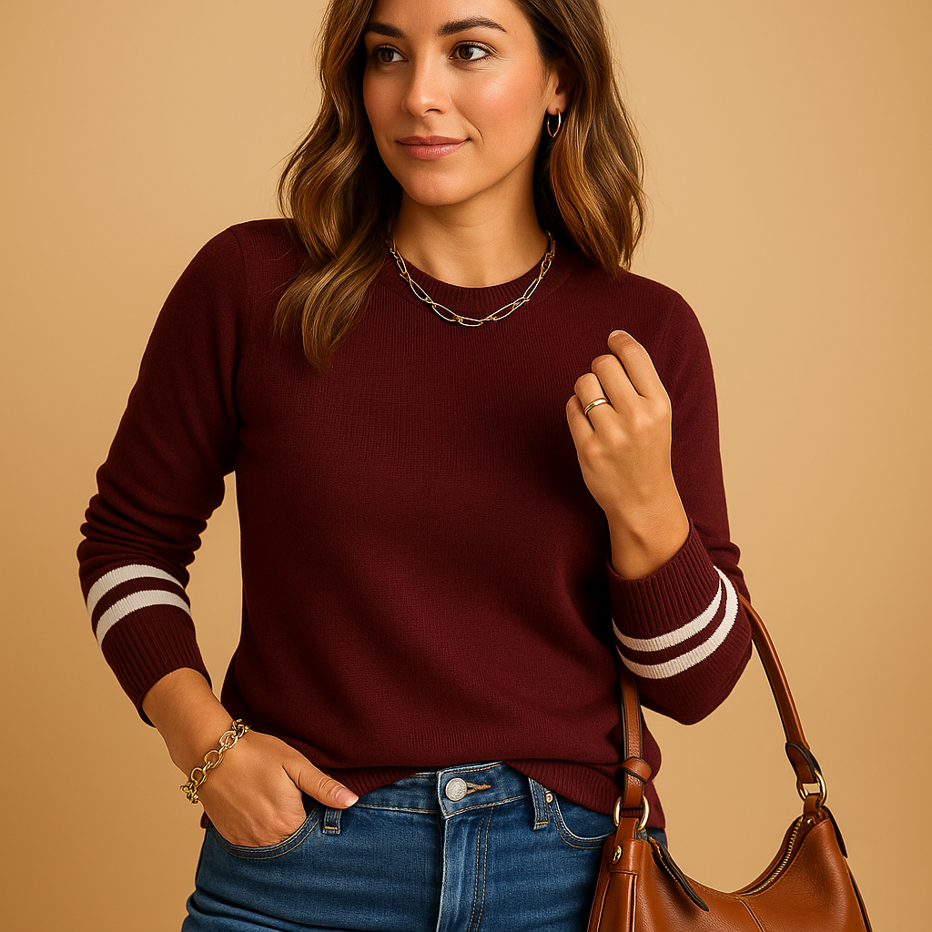 Gebreide damestrui met gestreepte mouwen, relaxte pasvorm en ademend materiaal. Perfect voor stijlvolle en veelzijdige outfits in elk seizoen.