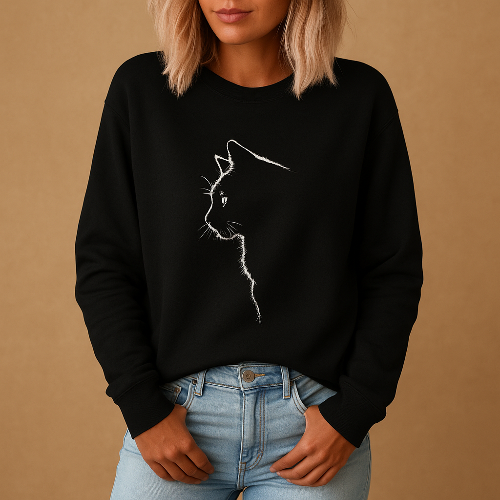 Gebreide damestrui met kattenprint in zachte katoenmix, verkrijgbaar in zwart, blauw, grijs, groen en roze. Perfect voor casual en thuisgebruik.