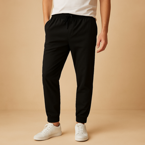 Warme gebreide herenbroek van zachte wol met elastische tailleband en trekkoord, perfect voor casual winterdagen en thuisgebruik.