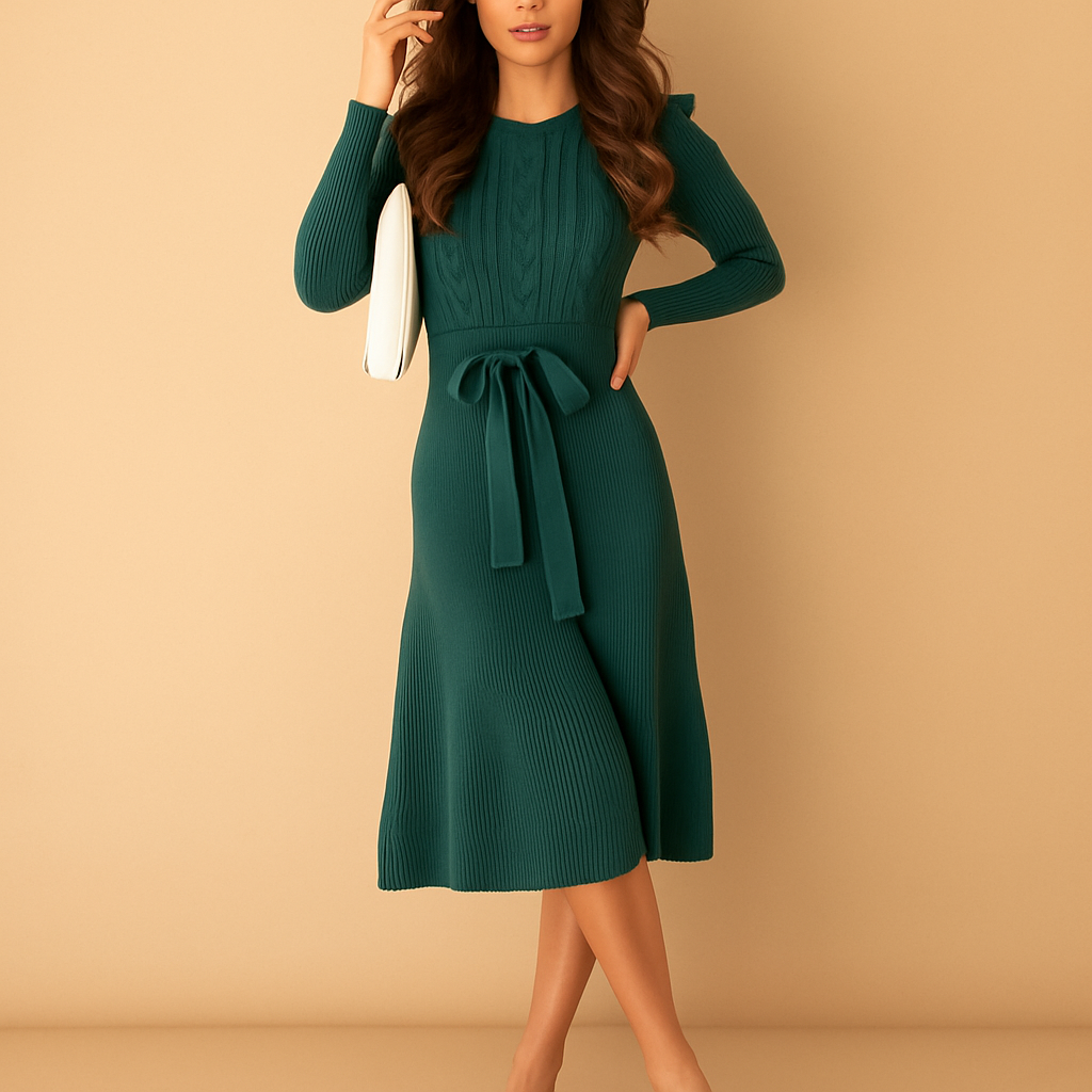 Gebreide herfstjurk voor dames met riem, ronde hals en lange mouwen – perfect voor casual chique gelegenheden of knusse herfstavonden.