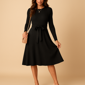 Gebreide herfstjurk voor dames met riem, ronde hals en lange mouwen – perfect voor casual chique gelegenheden of knusse herfstavonden.