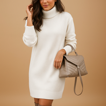 Gebreide midi-jurk voor dames met vrouwelijke pasvorm en elegante details, ideaal voor herfstwandelingen en kantoor.