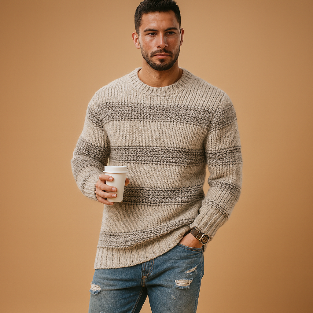 Gebreide Noorse trui voor heren met warme en tijdloze uitstraling, ideaal voor casual en formele looks in de herfst en winter.