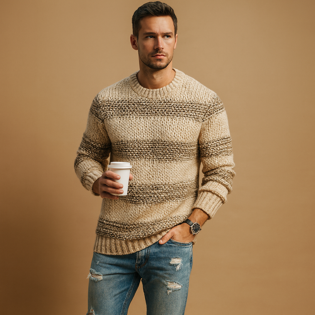 Gebreide Noorse trui voor heren met warme en tijdloze uitstraling, ideaal voor casual en formele looks in de herfst en winter.