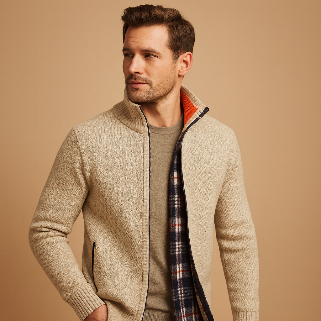 Gebreide heren trui met klassiek kabelpatroon en geruite voering, zacht en duurzaam materiaal. Perfect voor koude dagen en veelzijdige outfits.