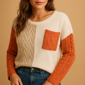 Gebreide damestrui met kabelpatroon en zakdetail, losvallende pasvorm en verlaagde schouders, perfect voor casual en stijlvolle combinaties.