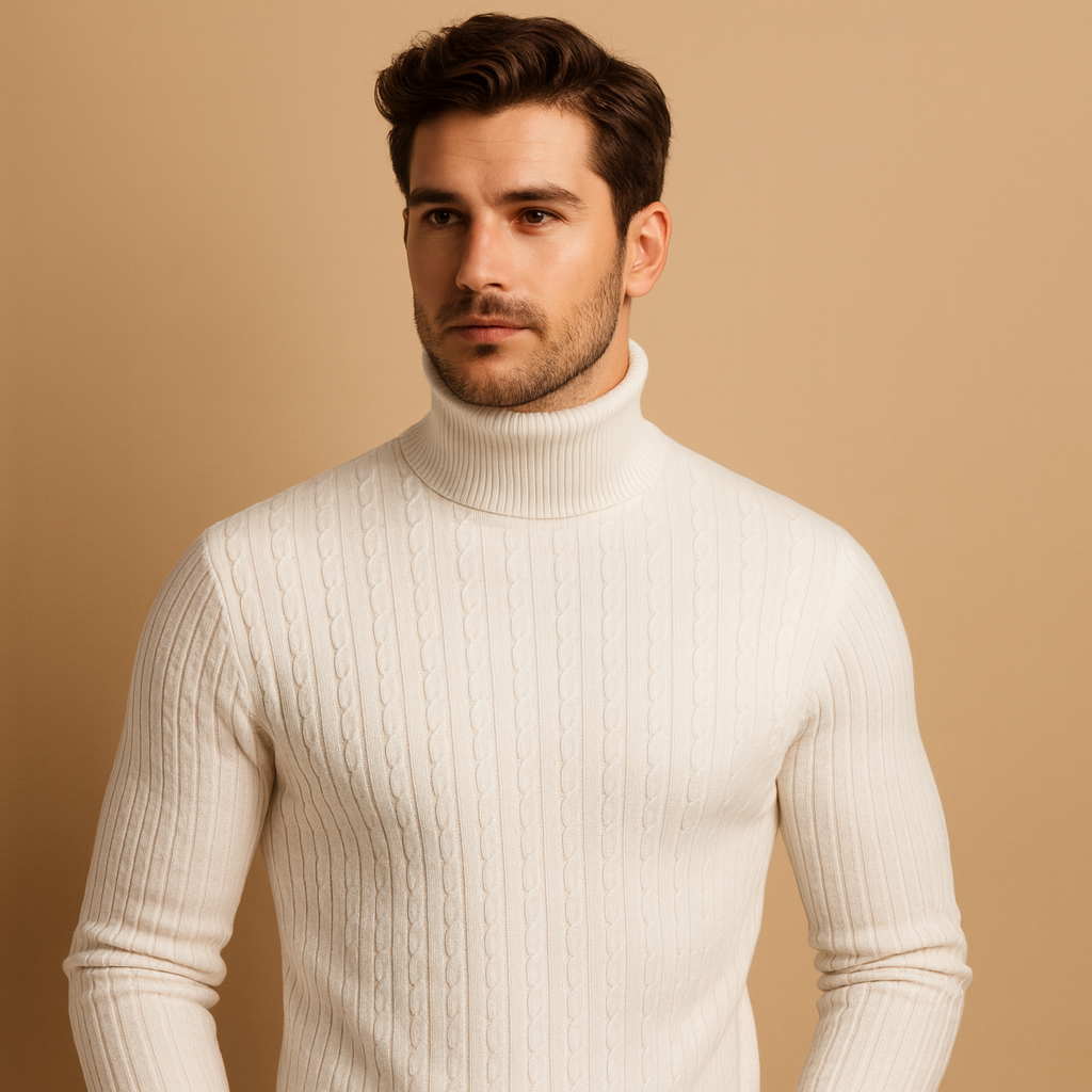 Gebreide wintertrui voor heren met warme rolkraag, zachte stof en klassiek design. Perfect voor koude dagen en veelzijdig te combineren.