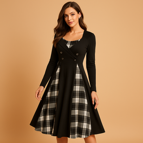 Dames A-lijn jurk met geruit patroon, knoopsluiting en lange mouwen – ideaal voor werk, casual dagen en elegante gelegenheden.