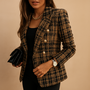 Geruite damesblazer met double-breasted design en lange mouwen, perfect voor zakelijke of casual looks.