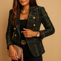 Geruite damesblazer met double-breasted design en lange mouwen, perfect voor zakelijke of casual looks.