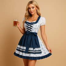 Geruite Oktoberfest kostuumjurk met traditioneel schort voor dames in blauw, perfect voor culturele feesten en evenementen.
